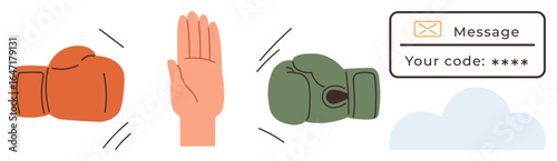 Orange and green boxing gloves flanking a raised hand symbolizing resolution. Message box highlights security, code sharing, and communication. Ideal for conflict, negotiation, safety, cybersecurity