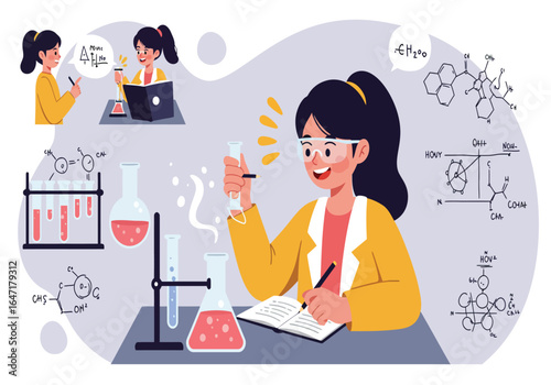 Enthusiastic female student exploring scientific concepts and conducting experiments in a modern laboratory setting, symbolizing education and discovery, with various chemical formulas.