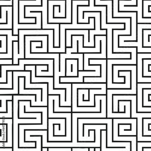 A captivating seamless black and white geometric maze pattern forms an intricate labyrinthine design, offering a visually engaging backdrop for complex ideas.