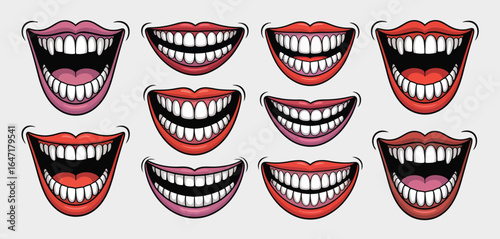 Collection of scary grinning mouths with sharp teeth