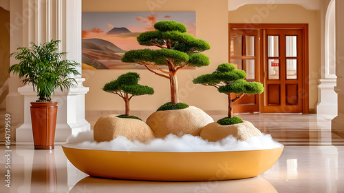 Serene bonsai trees arranged artistically in a modern minimalist interior, creating tranquil ambiance.