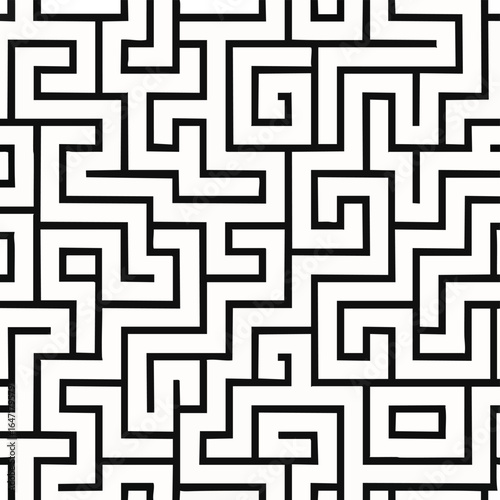 A captivating black and white seamless maze pattern forms an intricate geometric background, symbolizing complexity, challenge, and the path to a solution.