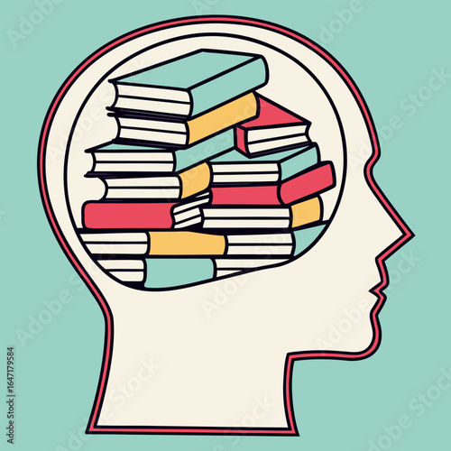 head with colorful books stacked inside conveying knowledge or mental library
