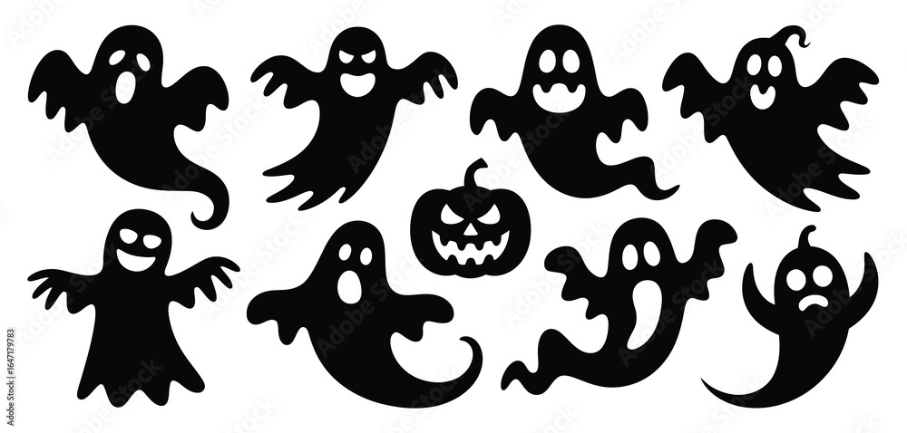 Obraz premium Spooky halloween ghost silhouettes and jack o lantern