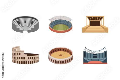Ancient arena and coliseum icons, roman amphitheater vector, stadium facade illustration, historic landmark clipart, travel architecture element