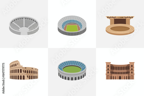 Stadium bowl and field icon set, oval arena top view vector, sports venue illustration, grandstand layout clipart, event ground design