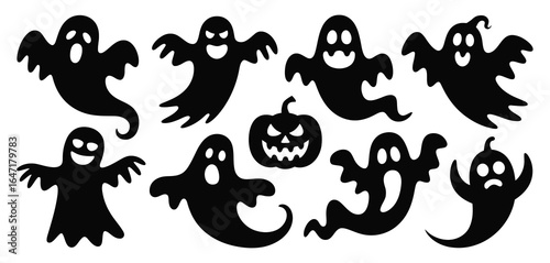 Spooky halloween ghost silhouettes and jack o lantern