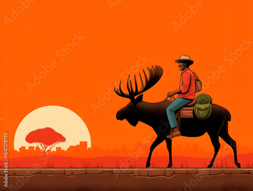 Adventurous man rides moose at sunset, exploring unique travel journeys and wild landscapes
