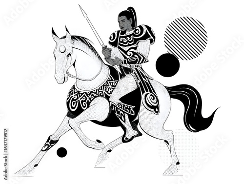 Bold warrior astride powerful steed, embodying strength and timeless adventure with striking graphic elements