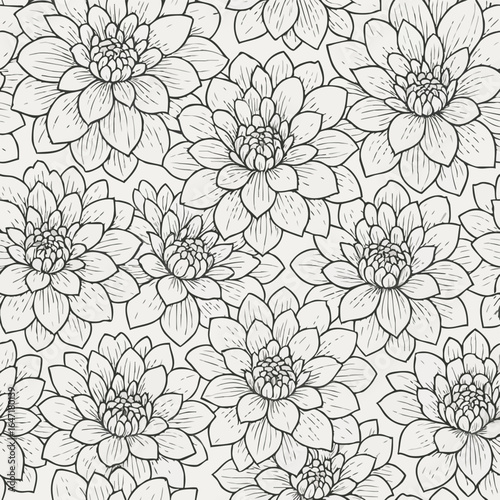 Wallpaper Mural A beautiful seamless pattern features intricately detailed black and white line art dahlias, perfect for elegant botanical designs and decorative backgrounds. Torontodigital.ca