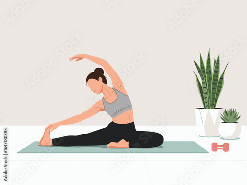 Woman Stretching on Yoga Mat at Home