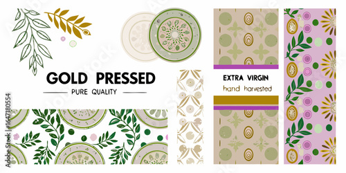 Gold pressed extra virgin hand harvested olive oil branding and patterns