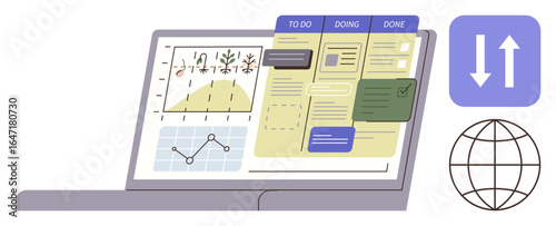 Laptop with agile workflow, task board, charts, and analytics. Ideal for project management, teamwork, productivity, agile methodology, remote work data tracking simple flat metaphor