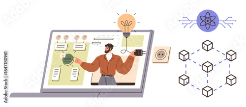 Person delivering a remote presentation via laptop showcasing blockchain, data science, and innovation ideas. Ideal for education, technology, innovation, remote work, blockchain, creativity idea