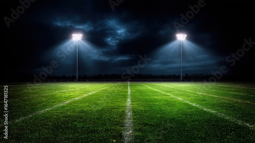 Empty football field illuminated by bright stadium lights under a dramatic night sky.