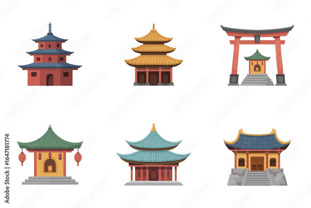 Fototapeta premium East asia pagoda and shrine bundle, temple halls and torii gate elements, heritage architecture, flat vector pack
