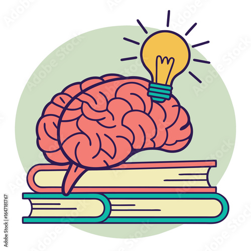 Human brain sits atop stacked books with an illuminating lightbulb, set against a green background