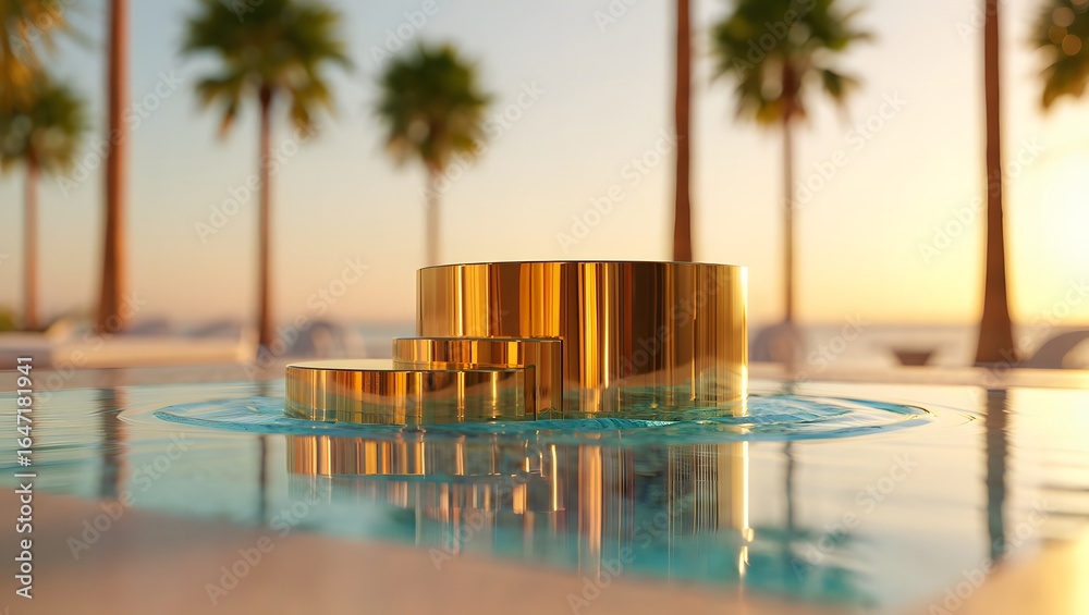 Obraz premium Golden podium in a pool at sunset with palm trees and ocean view