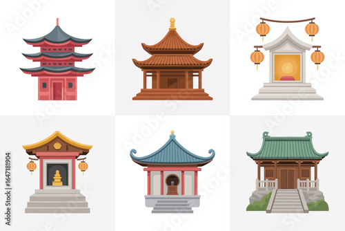 Classic asian shrine set, pagoda rooftops gate lantern and temple hall, minimal flat icons, vector design