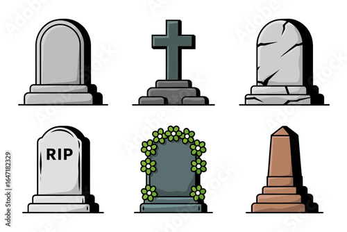 Tombstone and grave marker icons, cemetery headstone vector, rip inscription illustration, memorial stone clipart, gothic graveyard design
