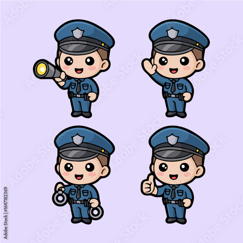Four cartoon police officers in different poses including holding a flashlight and handcuffs and waving