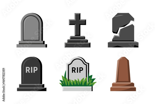 Vintage cemetery monument set, rounded headstone and cross vector, aged stone marker illustration, funeral memorial clipart, dark graveyard elements
