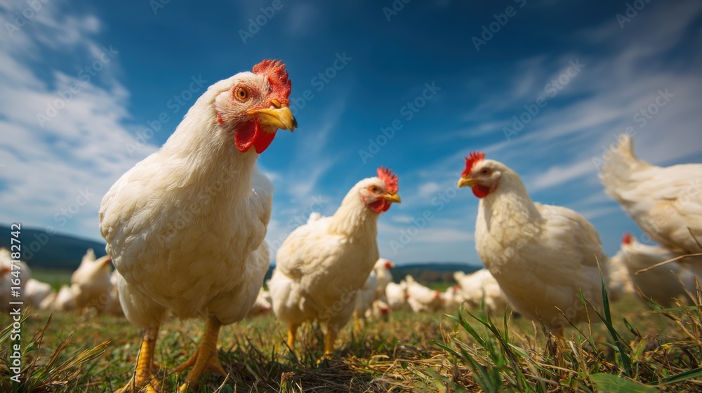 Fototapeta premium A group of white chickens forages in a lush green field. The sun shines brightly in the clear sky. Fluffy clouds add a beautiful backdrop as the chickens socialize and peck at the ground
