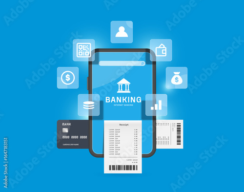 Financial transaction icons with smartphone application floating around the smartphone and paper receipts flowing out after paying with credit card, vector 3d for internet banking concept design