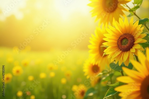 Sunflowers blooming in sunny field with bright sunlight illuminating  