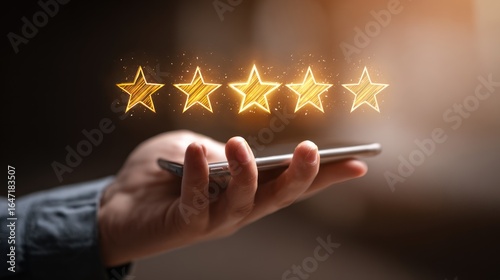 Client Feedback Excellence: A hand holds a smartphone displaying a 5-star rating, symbolizing customer satisfaction, quality, and superior service.