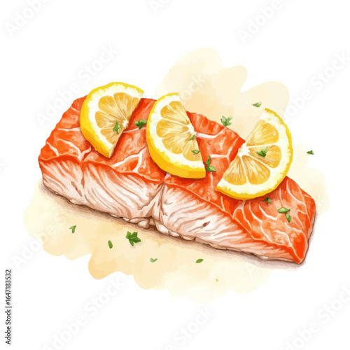 Fresh salmon fillet garnished with lemon slices and herbs  