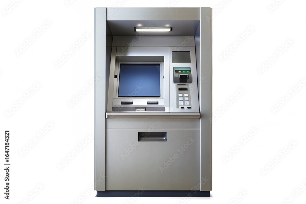Modern silver automated teller machine on a white background Modern silver automated teller machine on a white background
