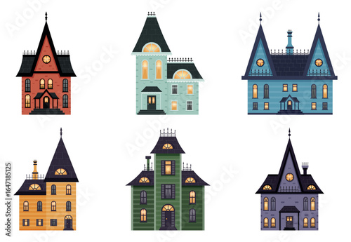 Set of isolated  buildings icons in gothic style on transparent background. Cartoon style.Haloween decoration. Haunted Mansions. Spooky gothic village houses.Victorian buildings.Vector illustration.