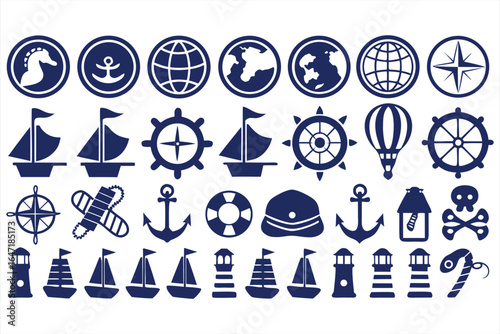 Vector icons set of nautical travel signs and symbols with marine and sea elements