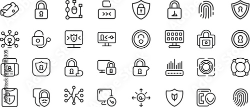 Cyber security line icon set, hacker, privacy, password, security, fingerprint, network, protect, risk and more victor illastretion.