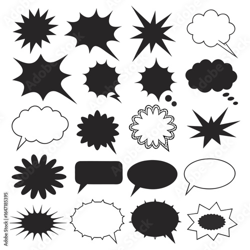 A set of colorful comic speech bubbles, cartoon chat clouds, and communication balloon icons for vector illustration and design
