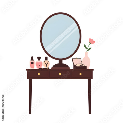 Vector illustration of a classic wooden vanity table with a mirror, perfume bottles, and a jewelry box. Elegant feminine boudoir furniture isolated on white.