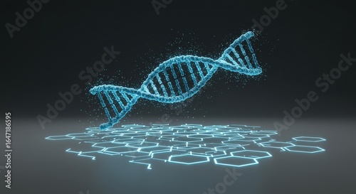 Glowing DNA Helix Above Hexagonal Pattern.