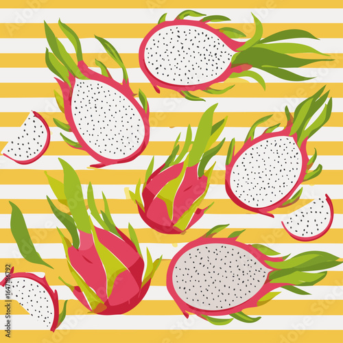 Seamless pattern with dragon fruits and tropical green leaves on a yellow and white striped background. Ideal for textiles, packaging, wallpaper, and summer decor