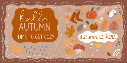 Hello autumn time to get cozy with pumpkins leaves and boots
