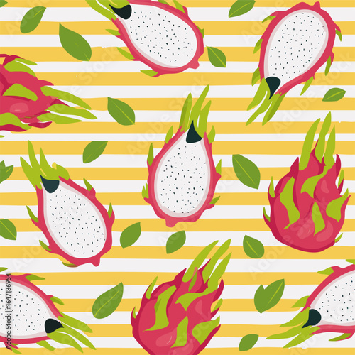 Seamless pattern with dragon fruits and tropical green leaves on a yellow and white striped background. Ideal for textiles, packaging, wallpaper, and summer decor