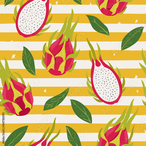 Seamless pattern with dragon fruits and tropical green leaves on a yellow and white striped background. Ideal for textiles, packaging, wallpaper, and summer decor