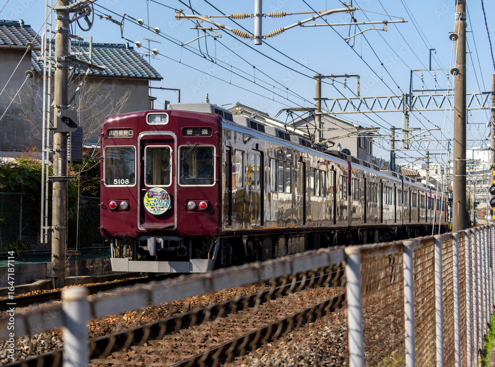 Naklejka premium 住宅街を走る能勢電鉄の普通電車
