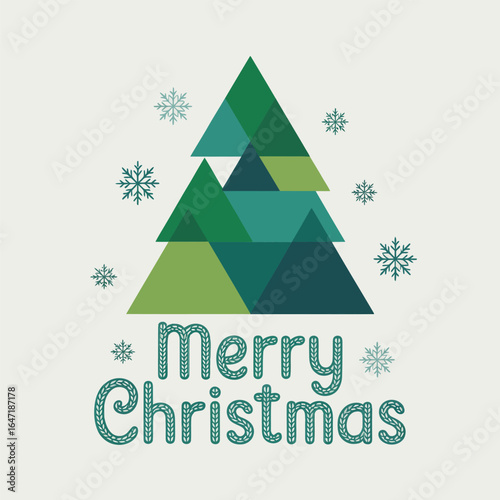 Geometric layered triangle christmas tree with merry christmas text modern minimalist winter greeting poster vector design