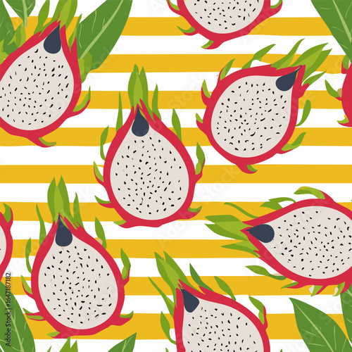 Seamless pattern with dragon fruits and tropical green leaves on a yellow and white striped background. Ideal for textiles, packaging, wallpaper, and summer decor