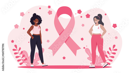 Breast cancer awareness with women and pink ribbon, flat vector illustration. Health care and prevention campaign concept.