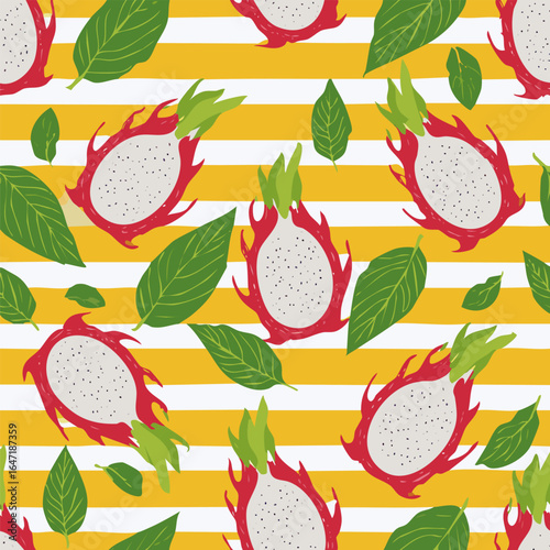 Seamless pattern with dragon fruits and tropical green leaves on a yellow and white striped background. Ideal for textiles, packaging, wallpaper, and summer decor