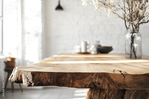  Natural rustic wooden table with raw edges in the interior 