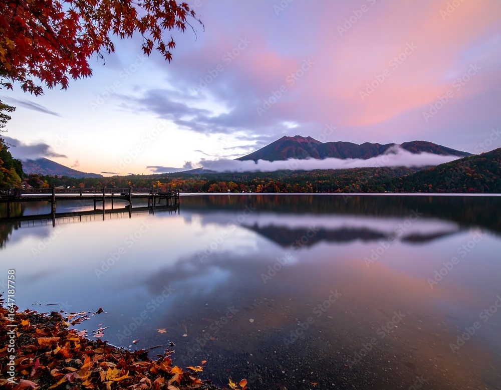 Obraz premium Autumn lake sunrise reflecting mountains