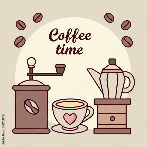 Vintage coffee time with grinder, beans, and coffee maker evokes cozy morning vibes